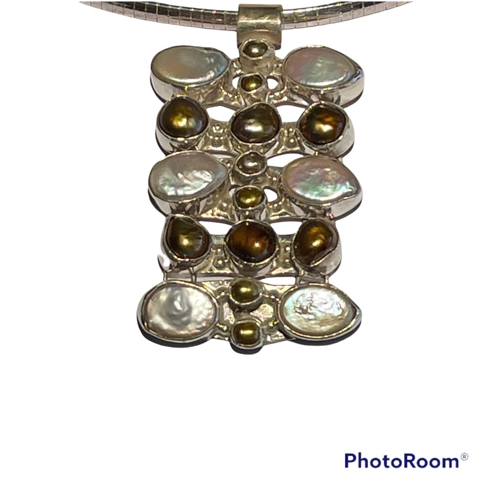 3 Strand Bronze and Cream Pearl Silver Pendant and Flat Snake Chain